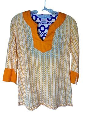 Gretchen Scott Womens Artsy Geometric Tunic Top Size XS Orange Gypsy Peasant